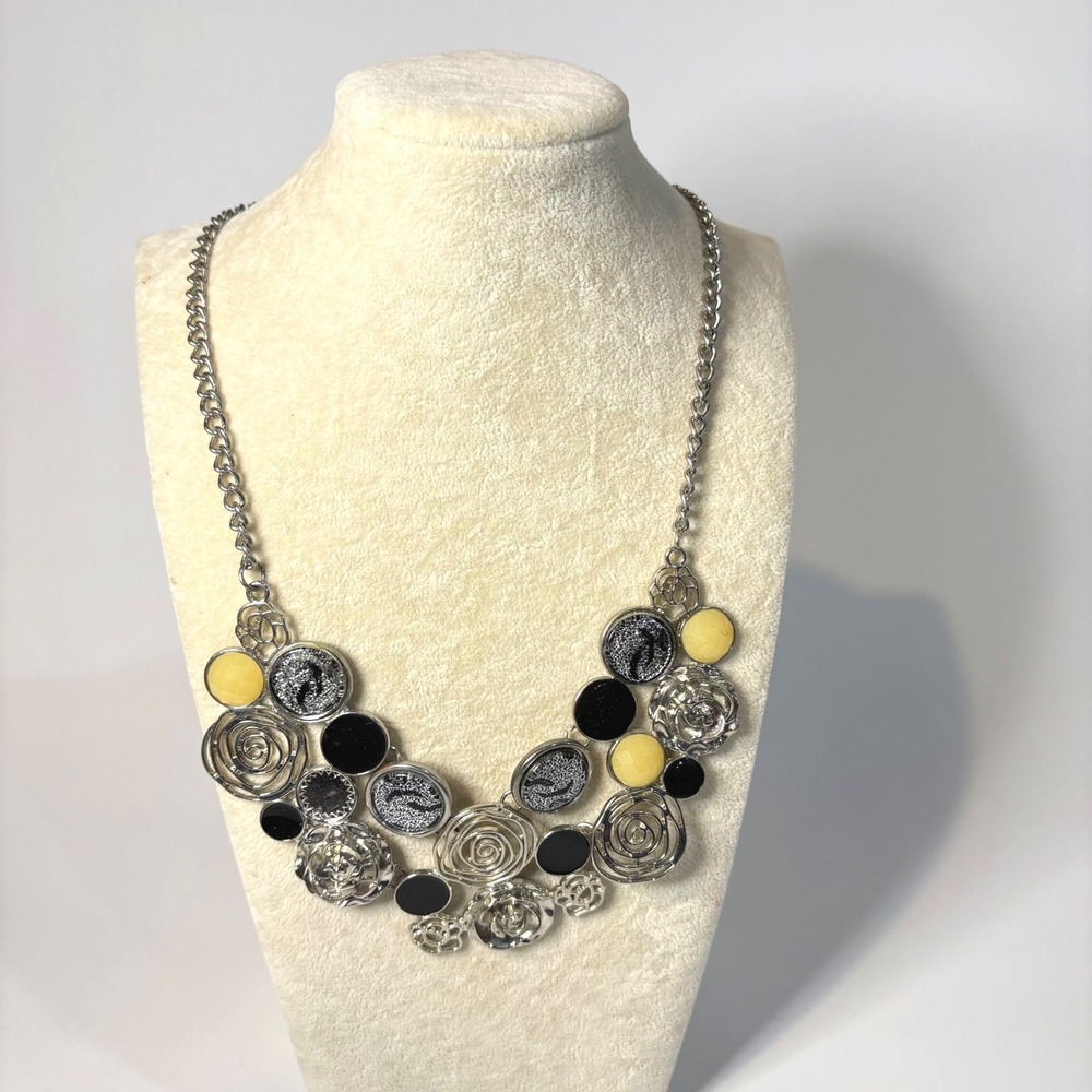 Silver Tone Floral Bib Necklace Black Yellow Enamel Rosette Statement Jewelry